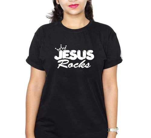 Jesus Rocks Black Ladies T-Shirt