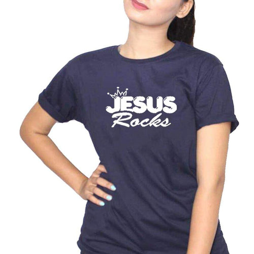Jesus Rocks Navy Blue Ladies T-Shirt
