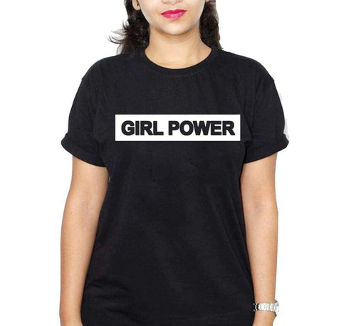 Girl Power Black Ladies Round Neck T-Shirt