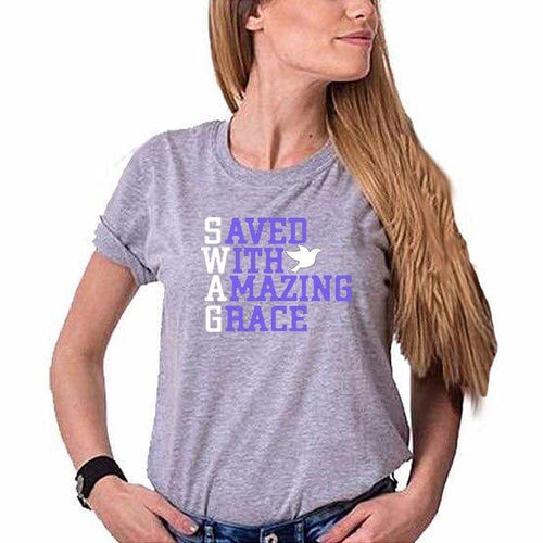 Saved With Amazing Grace Grey Ladies Round Neck T-Shirt