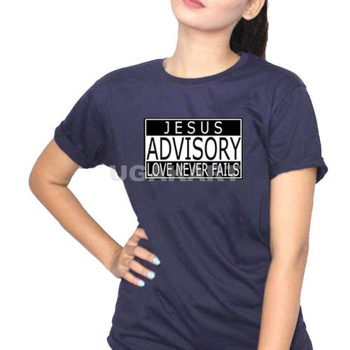 Jesus Advisory Love Never Fails Navy Blue Ladies Round Neck T-Shirt
