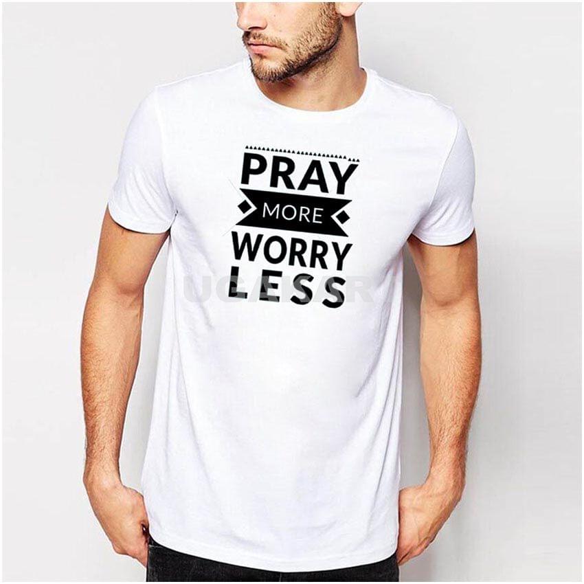 Pray More Worry Less White Men's Round Neck T-Shirt